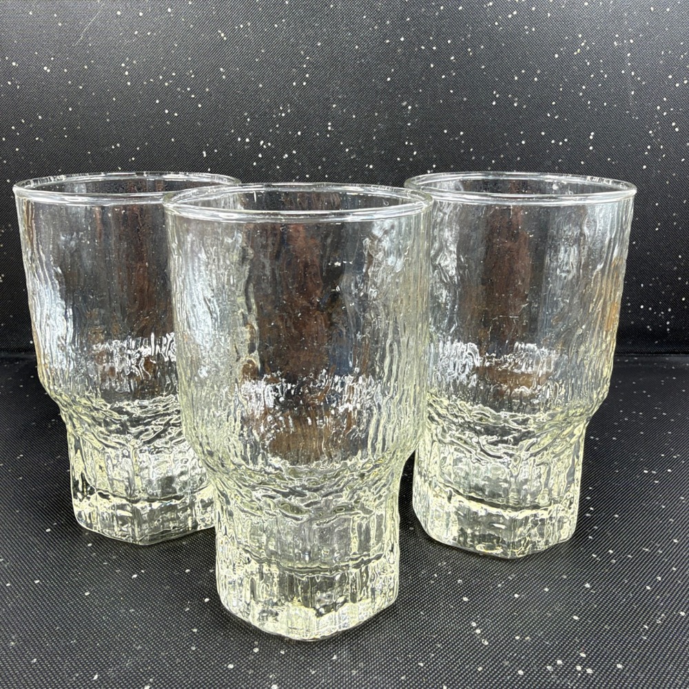 Iittala Aslak Tapio Wirkkala Finland Textured Glass Tumblers Set 3 Clear Cups